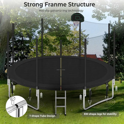 16-Foot Upgraded Trampoline with Enclosure Net and Adjustable Basketball Hoop