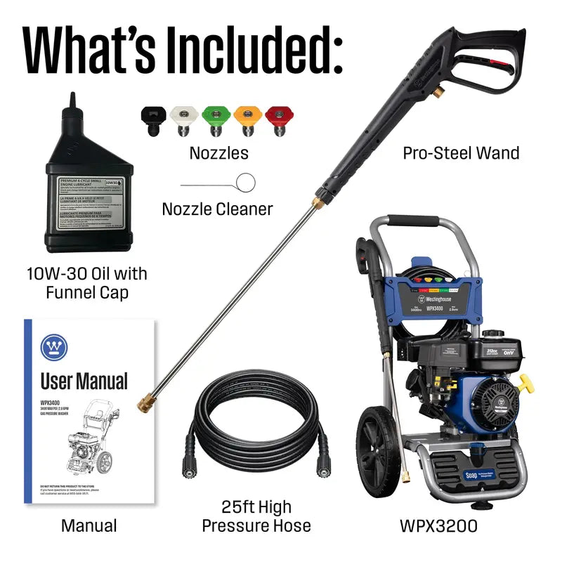 Westinghouse WPX3400 Gas Pressure Washer, 3400 PSI, 2.6 GPM, 212cc Engine, 25′ Hose, 5 Nozzles