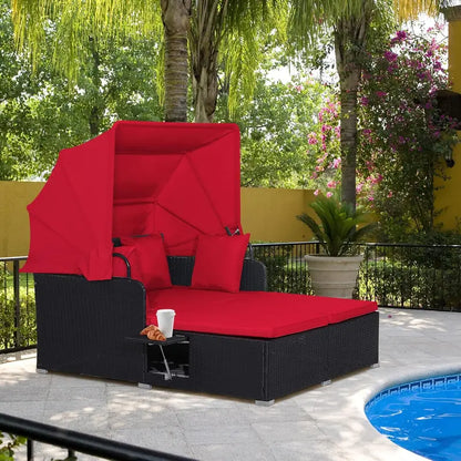 RELAX4LIFE 2-Person Rattan Patio Daybed with Retractable Canopy, Cushions, Pillows &amp; Side Trays (Turquoise)