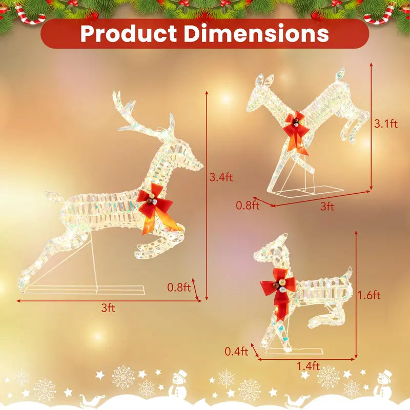 Three-Light LED Reindeer Set — Festive Outdoor Xmas Decor with Red Bows