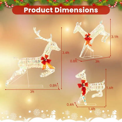 Three-Light LED Reindeer Set — Festive Outdoor Xmas Decor with Red Bows
