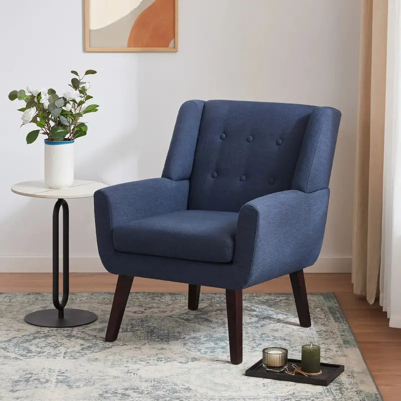 Huimo Mid-Century Modern Accent Chair  Button-Tufted Beige Upholstered Reading Chair for Living Room or Bedroom