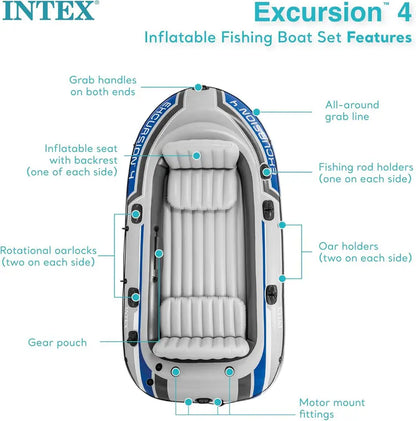 Excursion Inflatable Fishing Boat  SuperTough PVC with Adjustable Backrest Seats, Rod Holders & Welded Oar Locks