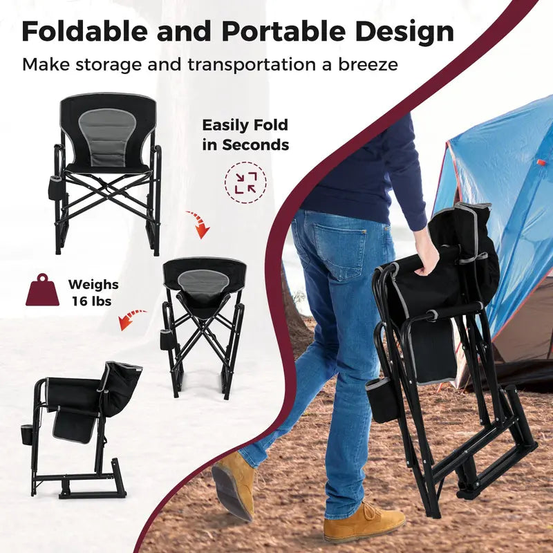 Adult Camping Rocker Chair  Dual-Spring Foldable Outdoor Seat with Padded Back Support
