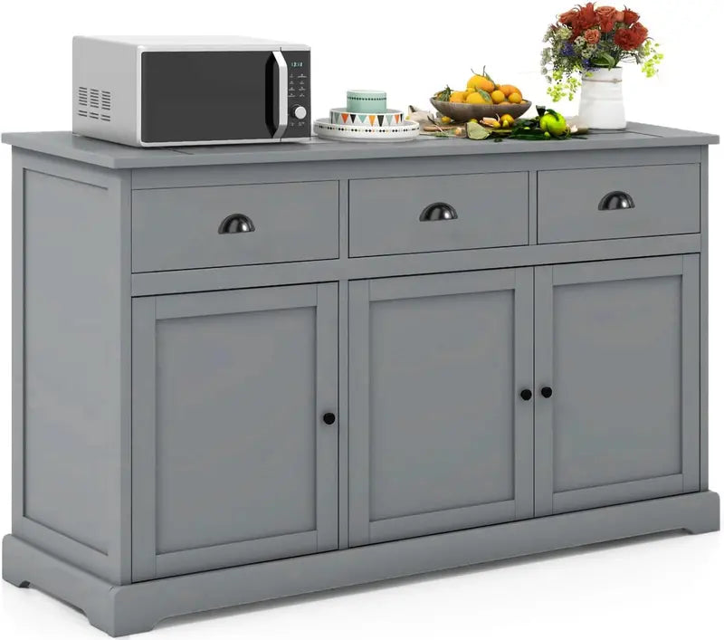 Contemporary Gray Kitchen Sideboard with Three Drawers, Two Cupboards, Three Doors, Adjustable Shelving, and Entryway Storage Functionality