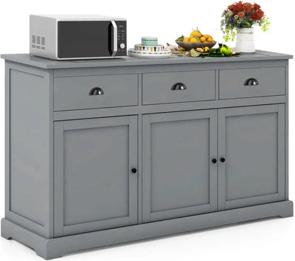 Contemporary Gray Kitchen Sideboard with Three Drawers, Two Cupboards, Three Doors, Adjustable Shelving, and Entryway Storage Functionality