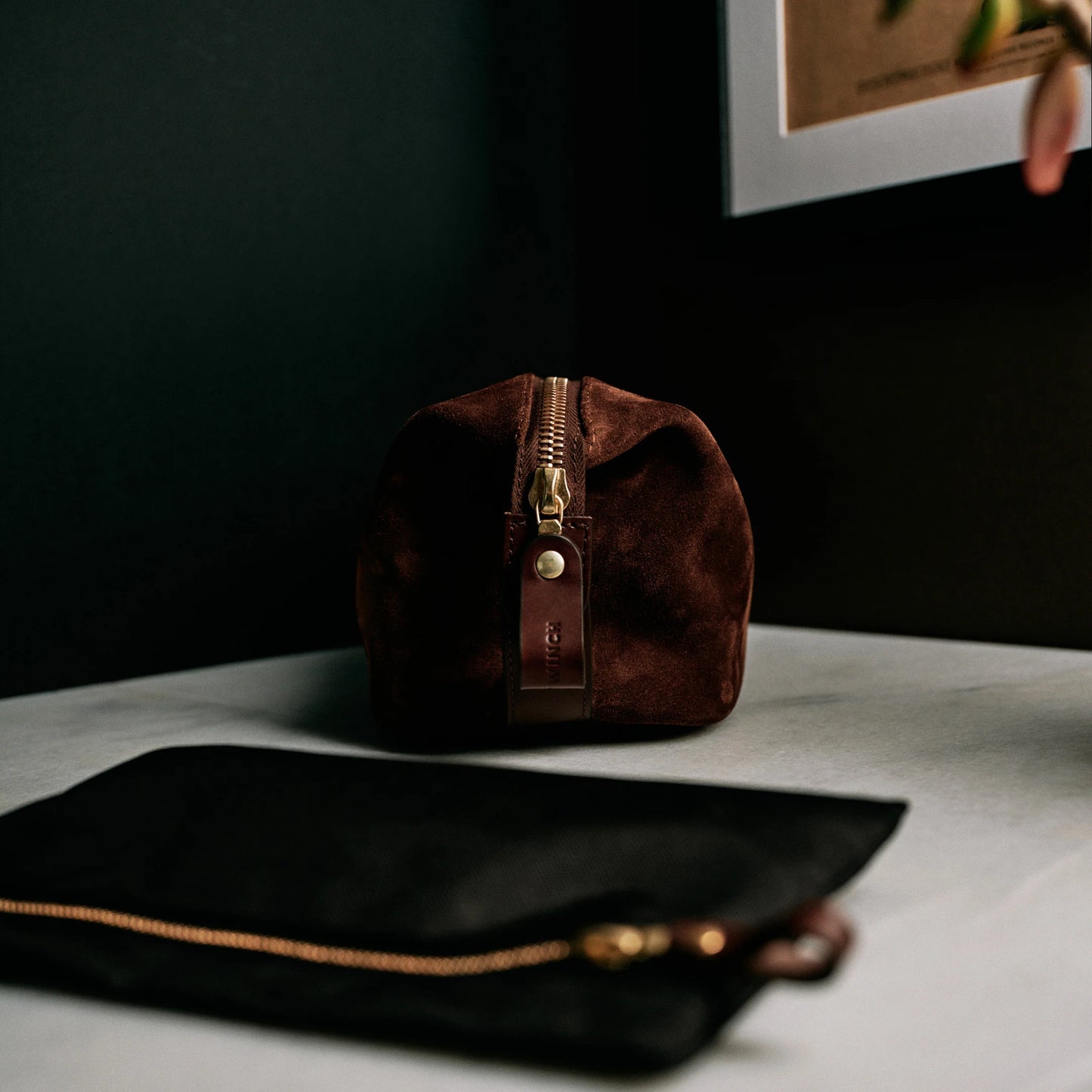 Suede Wash Bag / Dopp Kit - Tobacco Brown