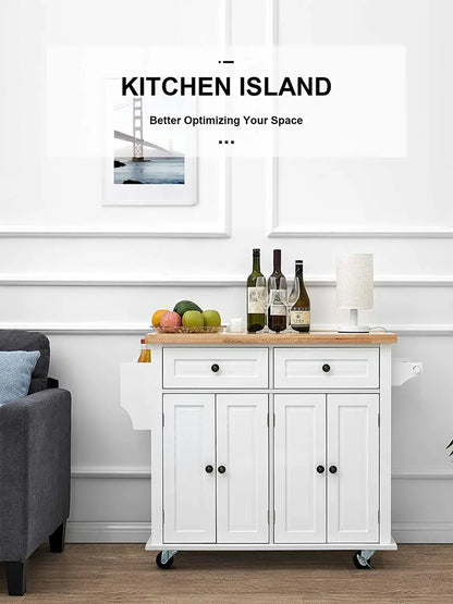 Homfa Kitchen Island Cart on Wheels, Rolling Bar Cart with Storage Cabinet, Rubber Wood Countertop, Lockable Casters, White