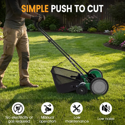 18-Inch Manual Push Reel Lawn Mower with 5-Blade Manganese Steel Cutting System