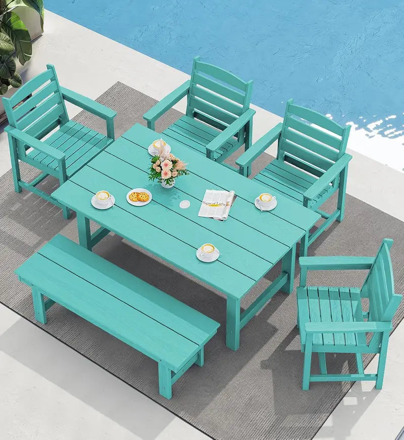 SERWALL 7-Piece Blue HDPE Outdoor Dining Set with Umbrella Hole and Stackable Chairs