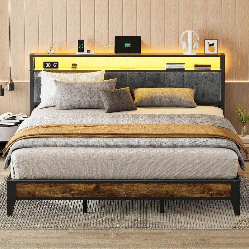 OLEVS Single Metal Platform Bed  LED-Lit Headboard with USB-C Charging Ports and Underbed Storage