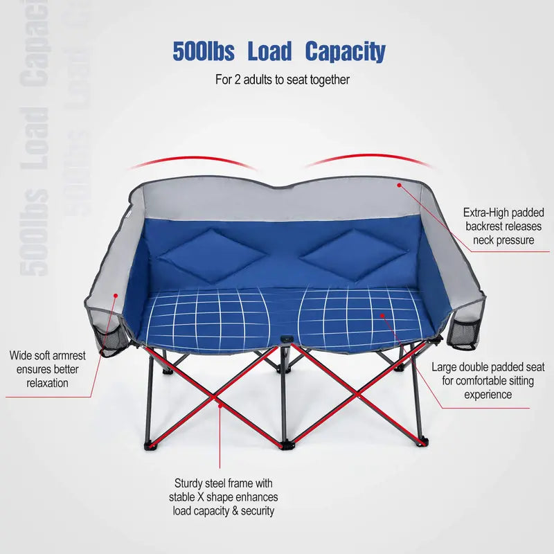Couples Folding Loveseat Chair  Double-Seater Camping Chair with Padded High Back and Carry Storage Bags