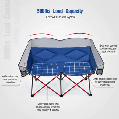 Couples Folding Loveseat Chair  Double-Seater Camping Chair with Padded High Back and Carry Storage Bags