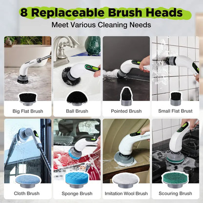 WORKPRO Cordless Spin Scrubber with Adjustable Handle, 3 Power Levels, and 8 Interchangeable Brush Heads