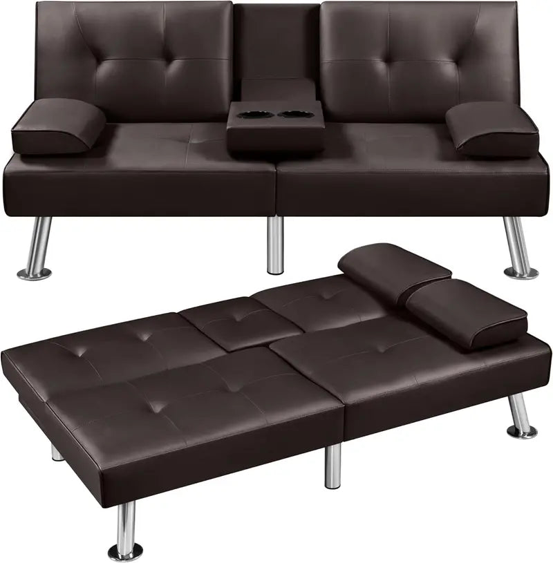Yaheetech Faux Leather Convertible Sofa Bed  Reversible Loveseat with Removable Arms & 3-Position Recline