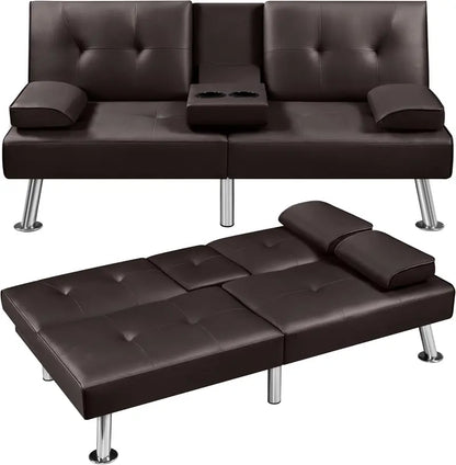 Yaheetech Faux Leather Convertible Sofa Bed  Reversible Loveseat with Removable Arms & 3-Position Recline
