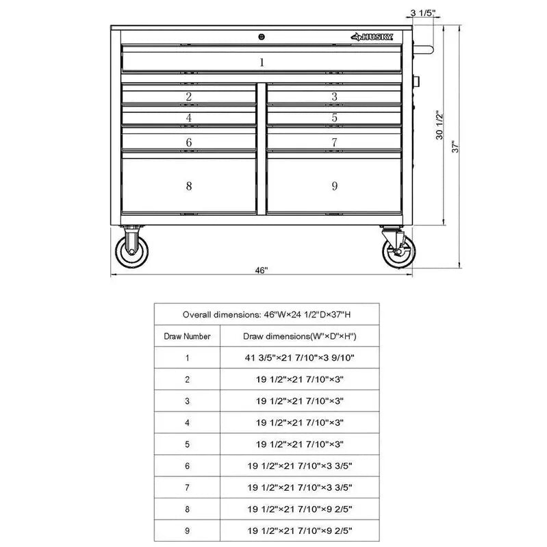 46-Inch Gloss Black Mobile Workbench  9-Drawer Deep Tool Chest with Casters and Heavy-Duty Frame