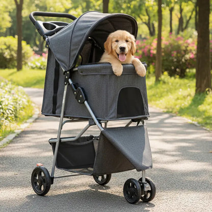 Lightweight Foldable Pet Stroller for Dogs & Cats with Canopy, Basket, and Storage