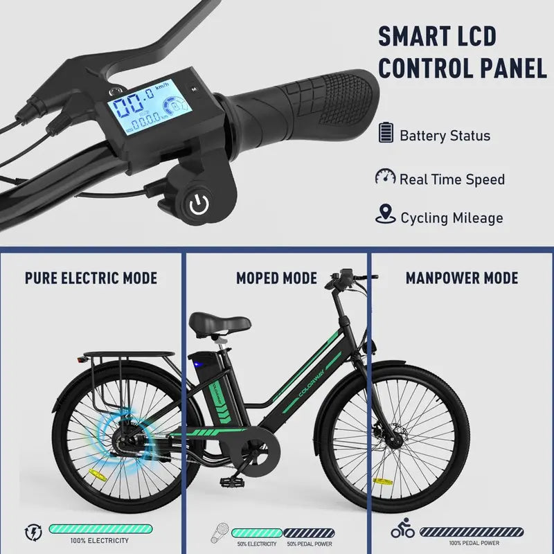COLORWAY 26  Electric Bike for Woman, 500W Powerful Motor, 36V 12AH Removable Battery
