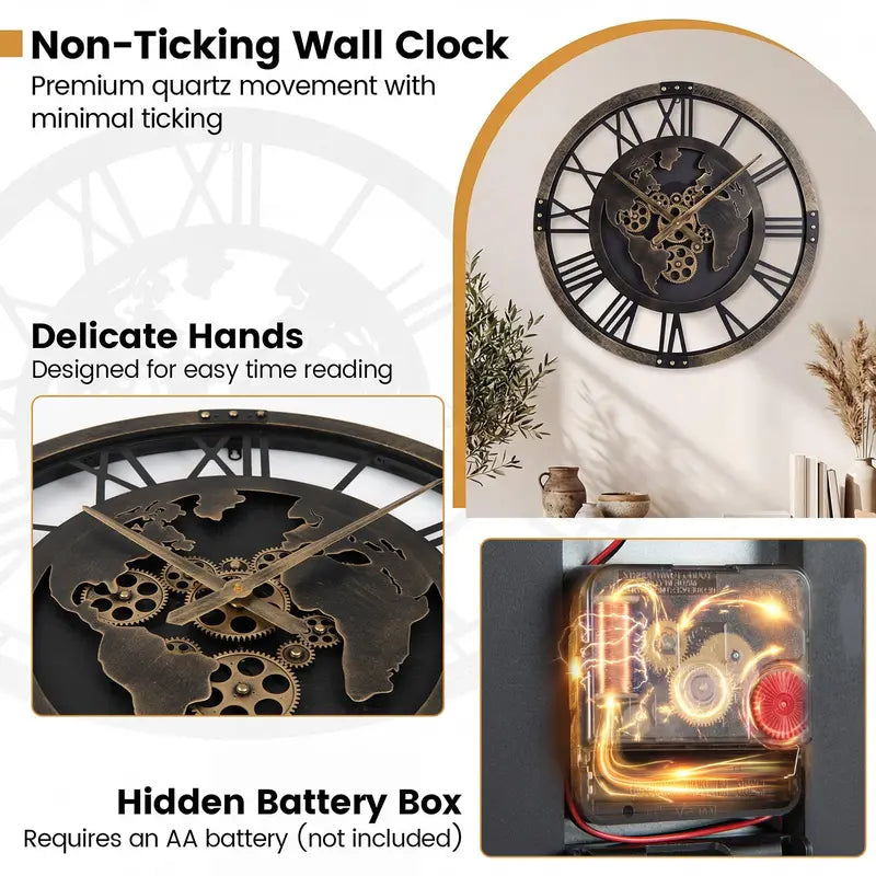 27-Inch Gear-Driven World Map Wall Clock  Silent, Decorative Metal Design with Rotating Gears