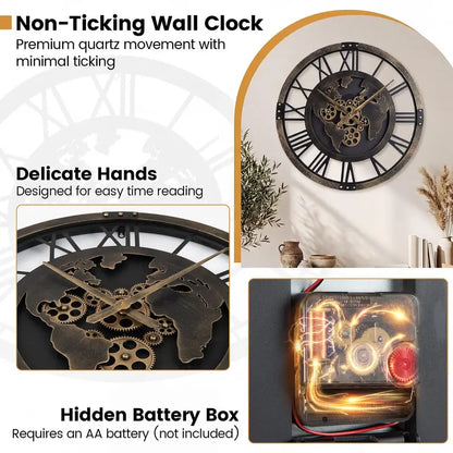 27-Inch Gear-Driven World Map Wall Clock  Silent, Decorative Metal Design with Rotating Gears