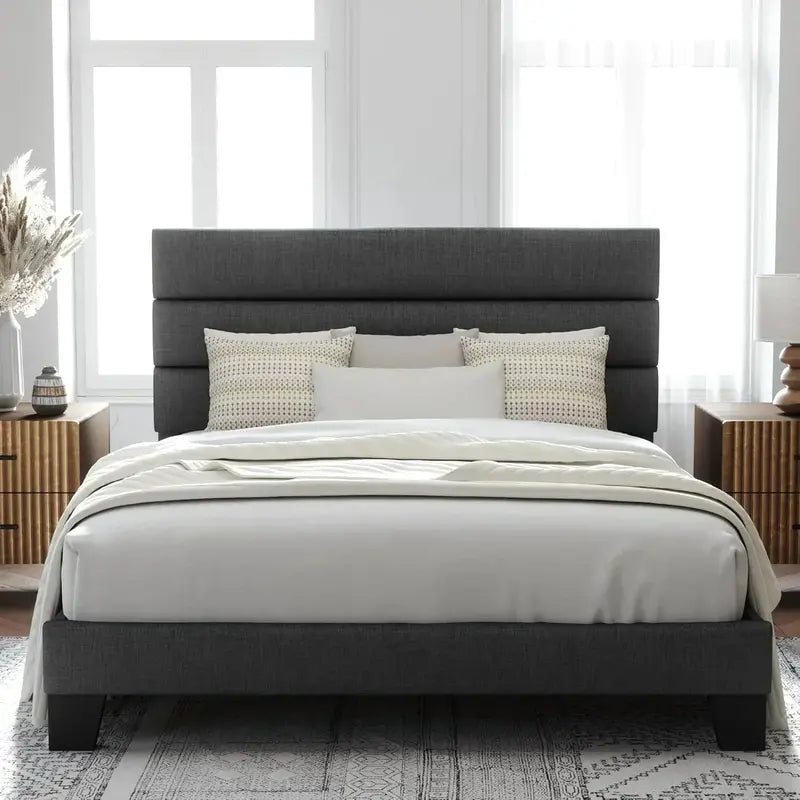 Allewie King Platform Bed Frame  Velvet-Upholstered Headboard with Solid Wood Slats
