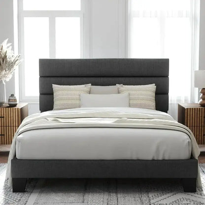 Allewie King Platform Bed Frame  Velvet-Upholstered Headboard with Solid Wood Slats