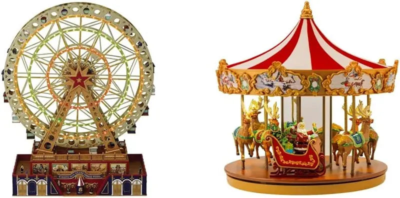 Musical Holiday Carousel Decor  Dual-Set Animated Ferris Wheel & Merry-Go-Round (15″ Gold + 12″ Red)
