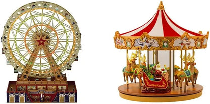 Musical Holiday Carousel Decor  Dual-Set Animated Ferris Wheel & Merry-Go-Round (15″ Gold + 12″ Red)