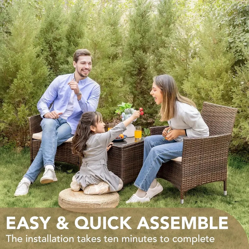 Devoko 3-Piece PE Rattan Patio Set  Brown and Beige Wicker Chairs with Matching Outdoor Table
