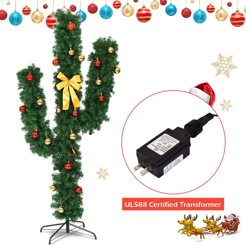 Artificial Cactus-Themed Christmas Tree with Integrated LED Lights and Decorative Ball Ornaments
