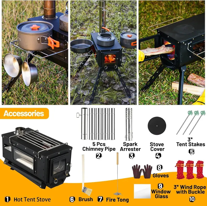 Compact Wood-Burning Hot Tent Stove for Ice Fishing, Hunting & Outdoor Cooking