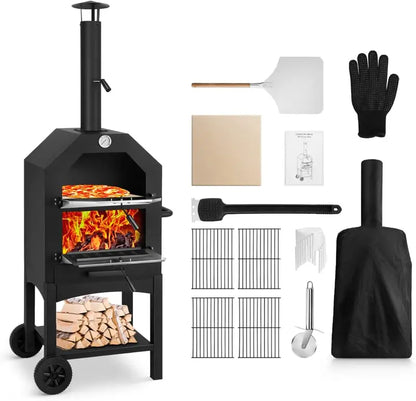 EDOSTORY Wood-Fired Outdoor Pizza Oven — Portable Patio Oven with Baking Stone, Peel, Grill Rack & Waterproof Cover