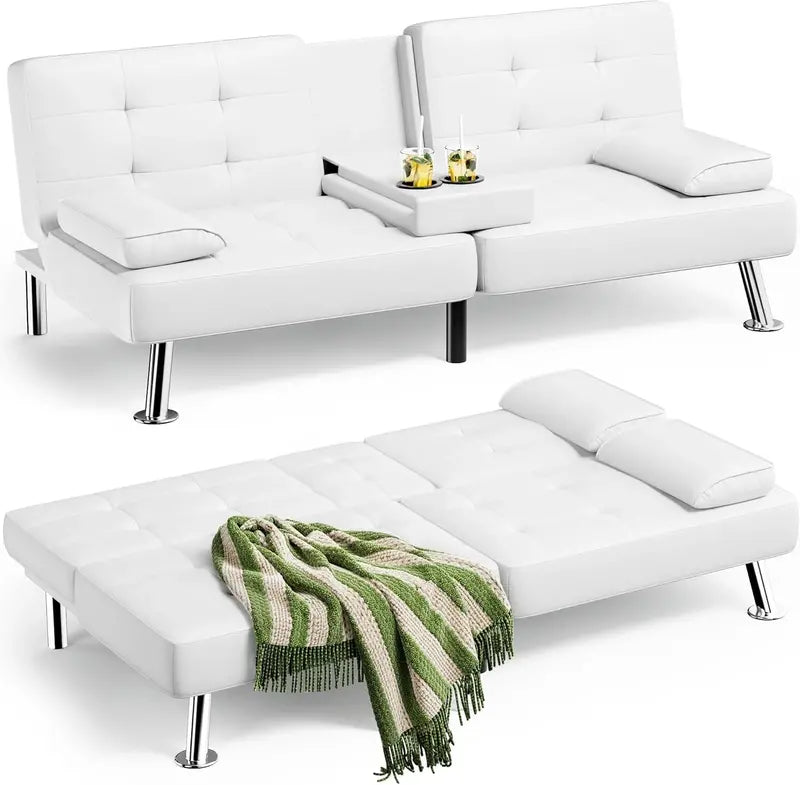 Leather Futon Sofa Bed with Removable Armrests, Reclining Sleeper Function & Dual Cup Holders  Black Modern Design