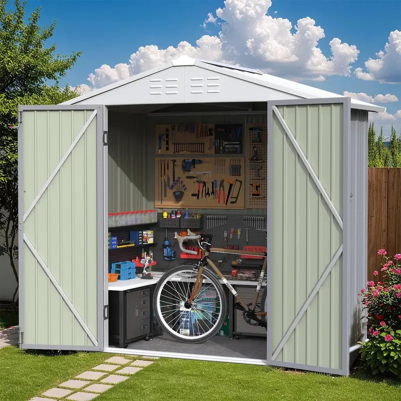 Greesum 6x4ft Lockable Patio Storage Shed  Galvanized Steel Garden Utility Shed
