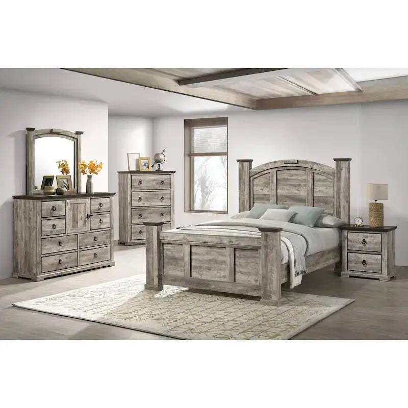 Aimon Rustic Gray Bedroom Set  5-Piece Panel Collection with Matching Furniture