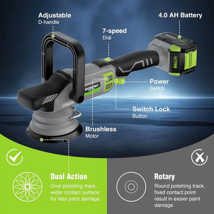 WORKPRO 20V Brushless Dual-Action Polisher  4.0Ah Battery, 7-Speed, Up to 5000 RPM