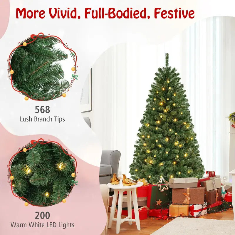 6 ft Pre-Lit Christmas Tree  Hinged Artificial Xmas Tree with 200 Warm White LED Lights