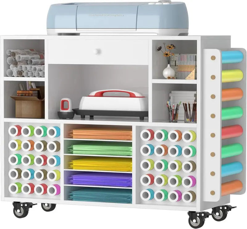 Rolling Craft Storage Cart for Cricut Machines  Mobile Workstation with Large Drawer, 48-Spool Vinyl Holder & Tabletop Surface
