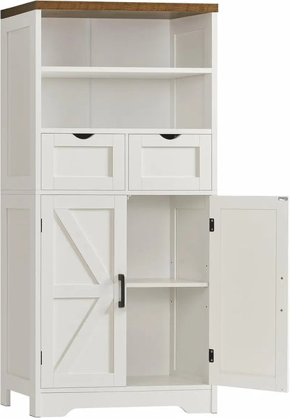 White Farmhouse Storage Cabinet  Two-Drawer Pantry or Bathroom Hutch with Adjustable Interior Shelving