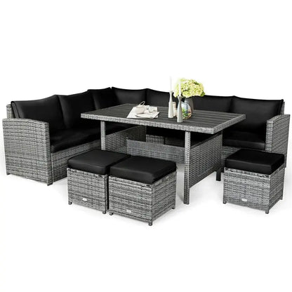 7-Piece Resin Wicker Outdoor Sectional Set  Rattan Sofa Group with Dining Table, Ottomans, and Weather-Resistant Cushions