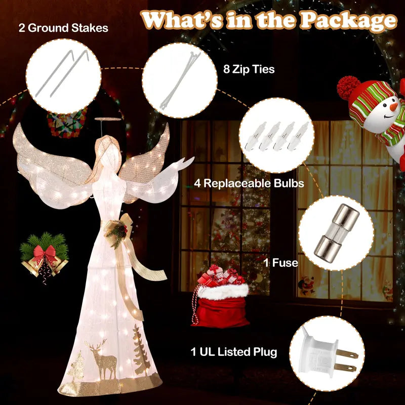 Pre-Lit 3D Glittered Angel Ornament with 100 Warm White Lights, Halo, Bow, and Ground Stake