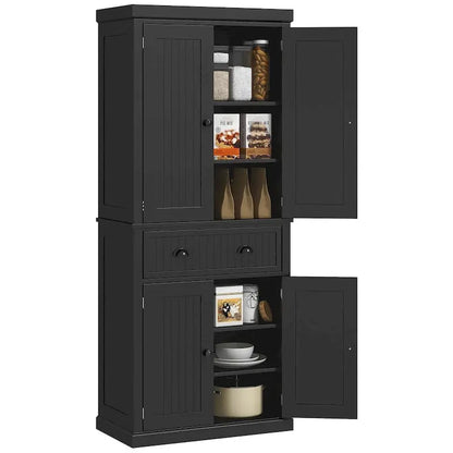 72-Inch Freestanding Pantry Cabinet  Traditional Style with Four Doors, Three Adjustable Shelves, and Spacious Center Drawer