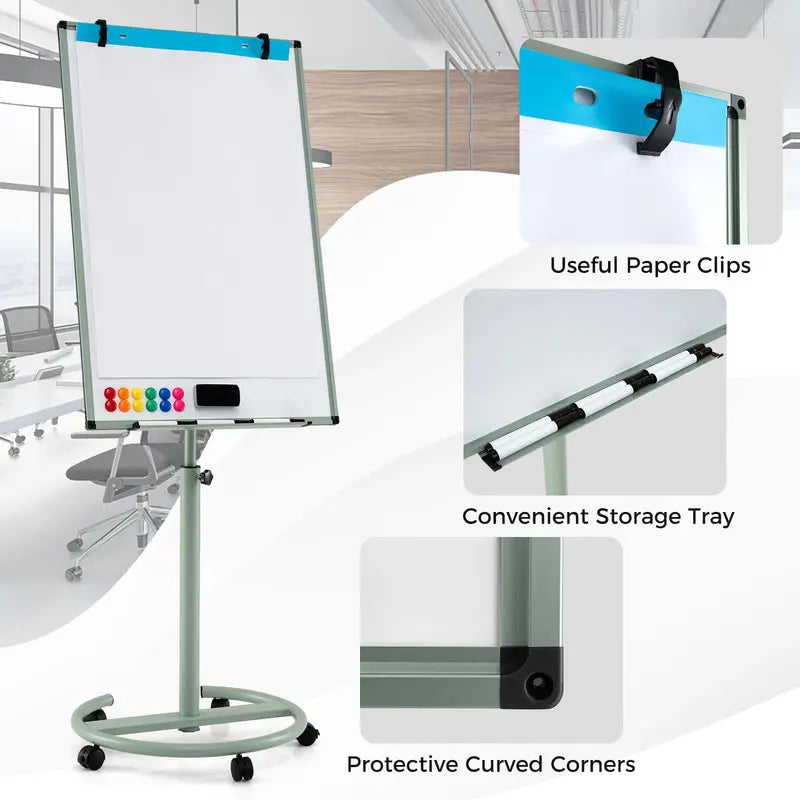 Height-Adjustable Mobile Dry Erase Board  40″ x 26″ on Stable Round Wheeled Stand