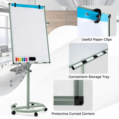 Height-Adjustable Mobile Dry Erase Board  40″ x 26″ on Stable Round Wheeled Stand