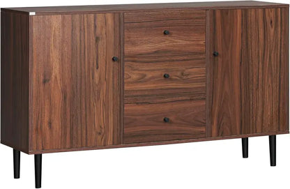 Rustic Brown Vintage Sideboard — Coffee Bar Cabinet with 2 Cupboards, 3 Drawers, Wood Legs & Adjustable Shelves