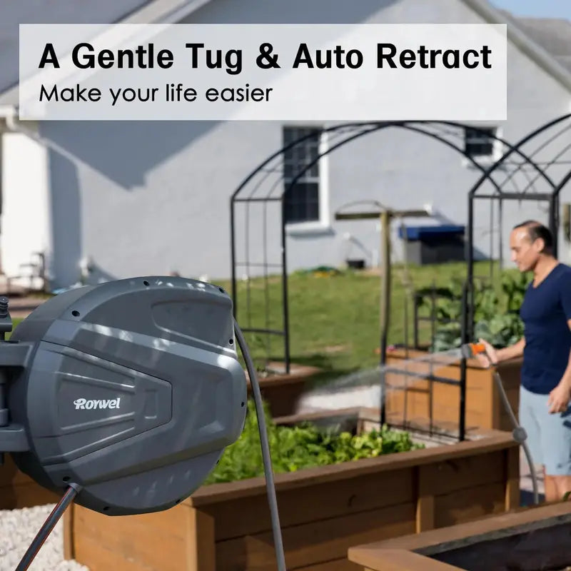 Roywel 65-Foot Retractable Garden Hose Reel with Wall-Mount Bracket