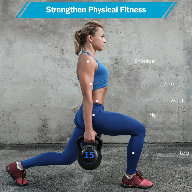 Three-Piece Kettlebell Set  HDPE-Coated Weights (5, 10, 15 lbs) for Home Fitness