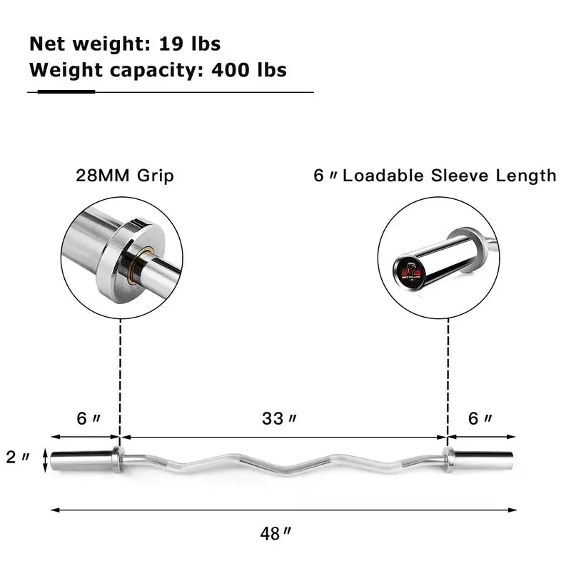 48-Inch Olympic EZ Curl Bar  400 lb Capacity Solid Steel Strength Training Barbell