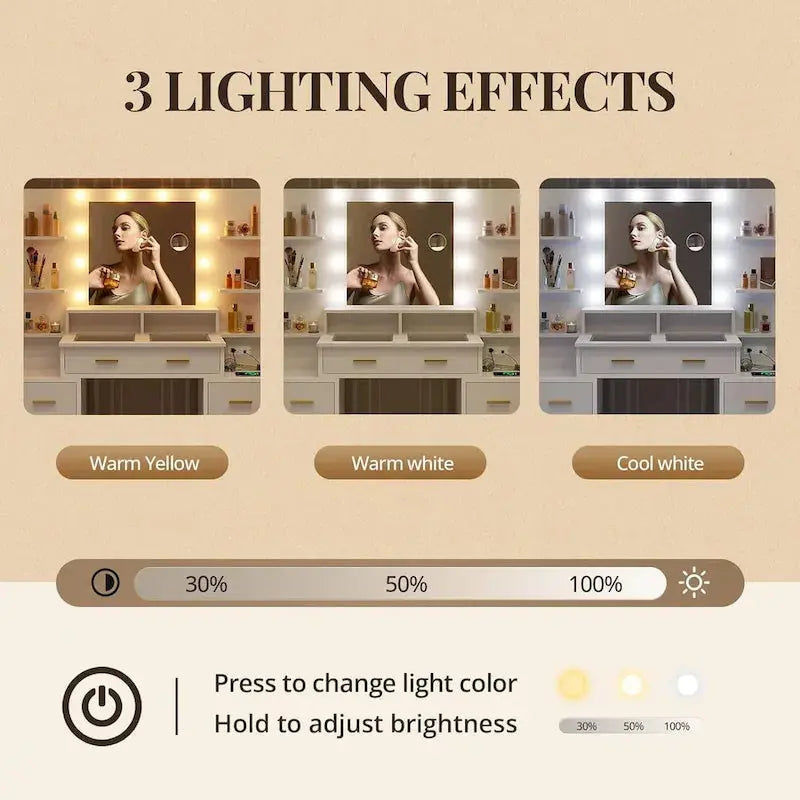 Lighted Makeup Vanity Desk with 10x Magnifying Mirror and Tempered Glass Top